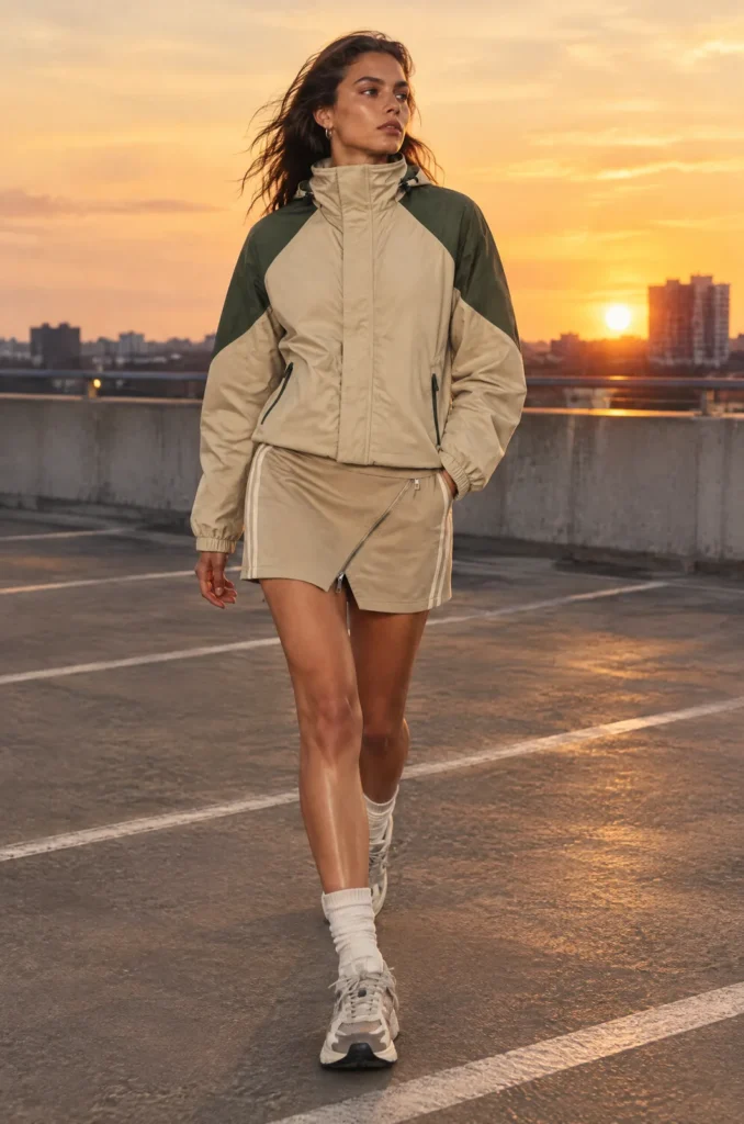 A woman on a rooftop car park at sunset in a sand shell jacket and a sand wrap mini skirt