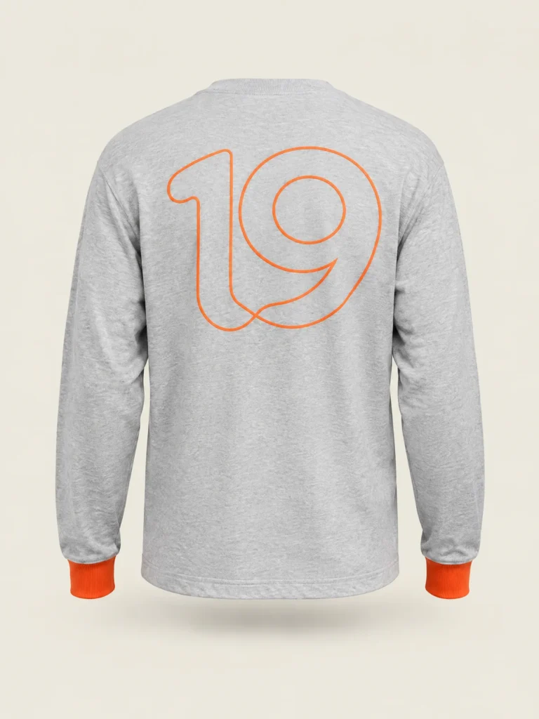 Back view showing large looped 19 outline graphic in Signal on Marl jersey