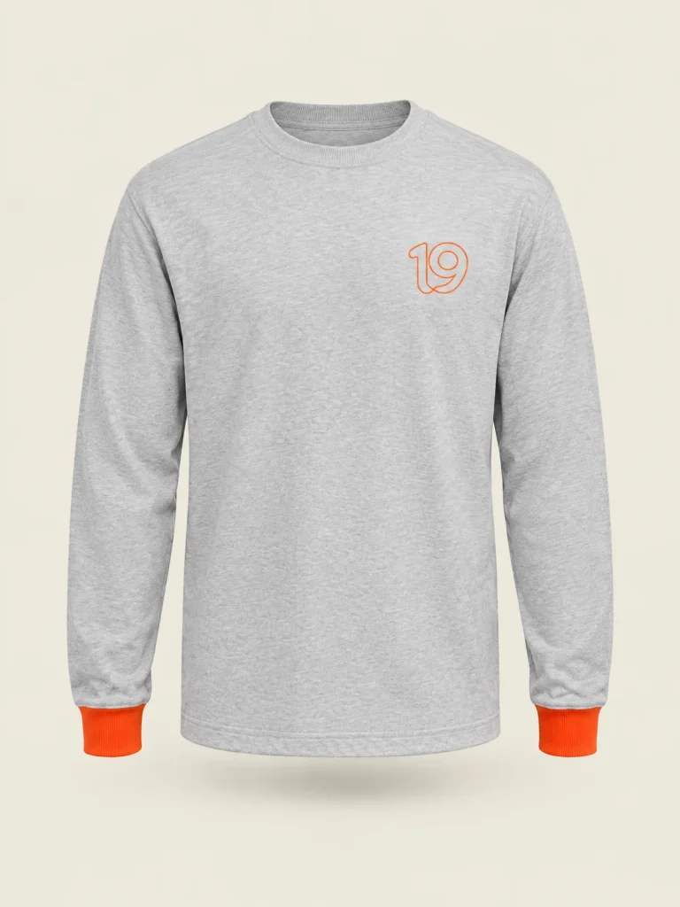 Front view of Loop 19 Long Sleeve in Marl with small Signal 19 print