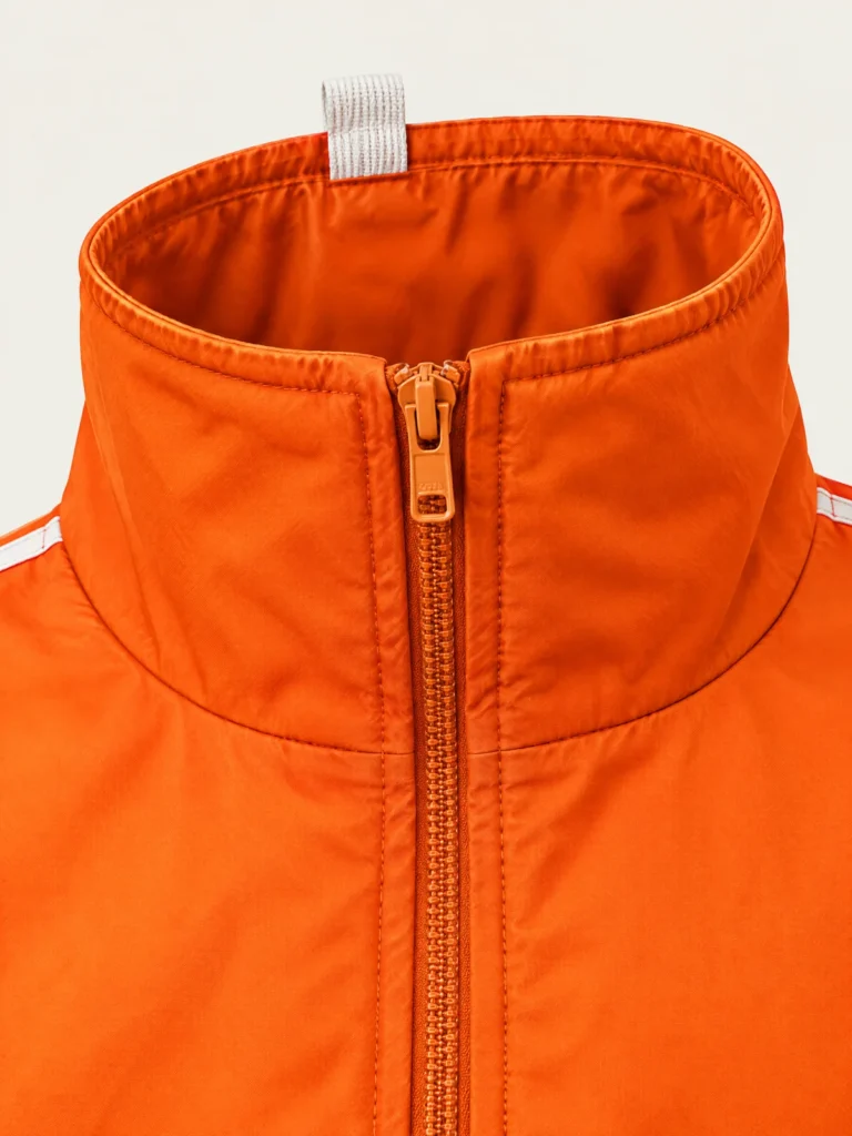 Close-up of Chalk loop tab and zip detail on Loop Funnel Jacket
