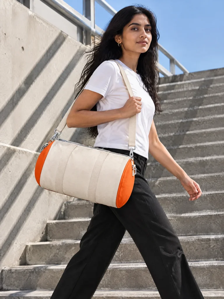 Woman carrying Chalk and Signal Mini Barrel Bag crossbody on city street