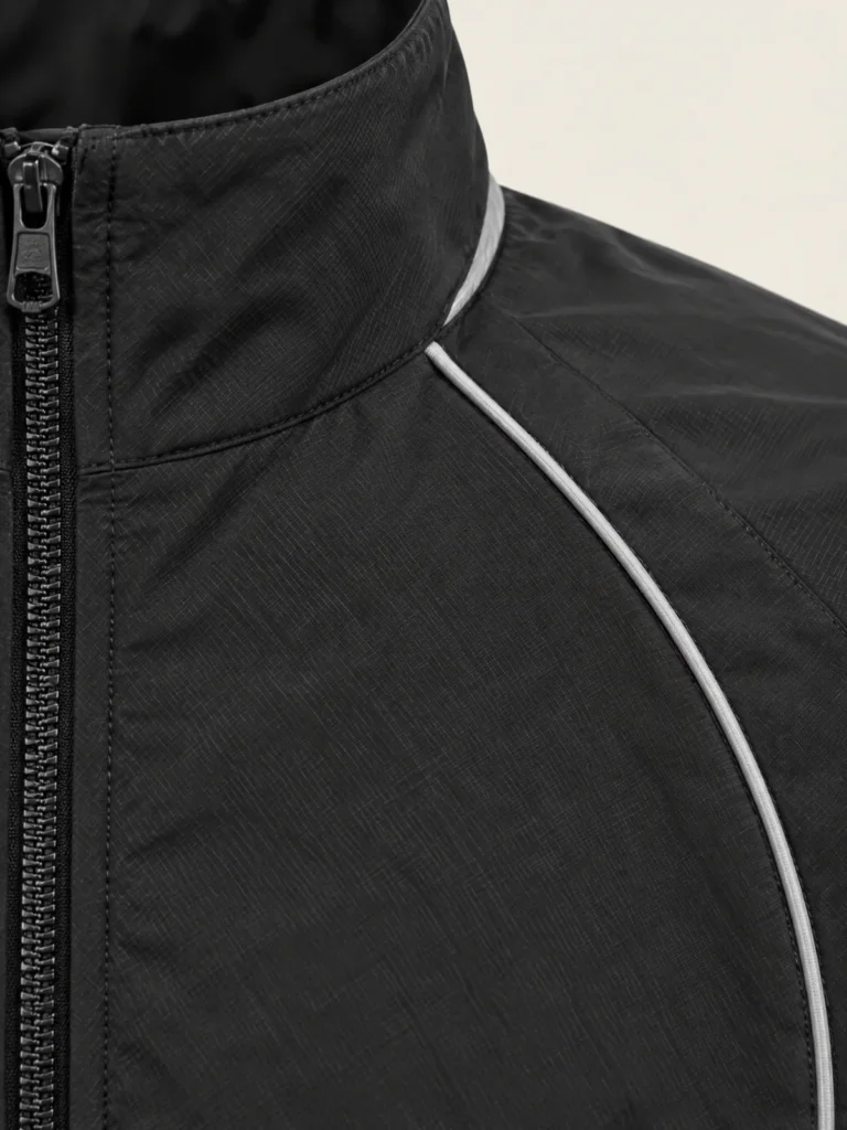 Close-up of curved grey piping detail on Night Lane Jacket
