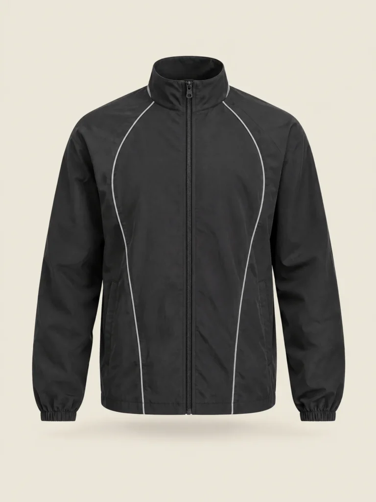 Night Lane Jacket front view, charcoal with curved grey piping lines
