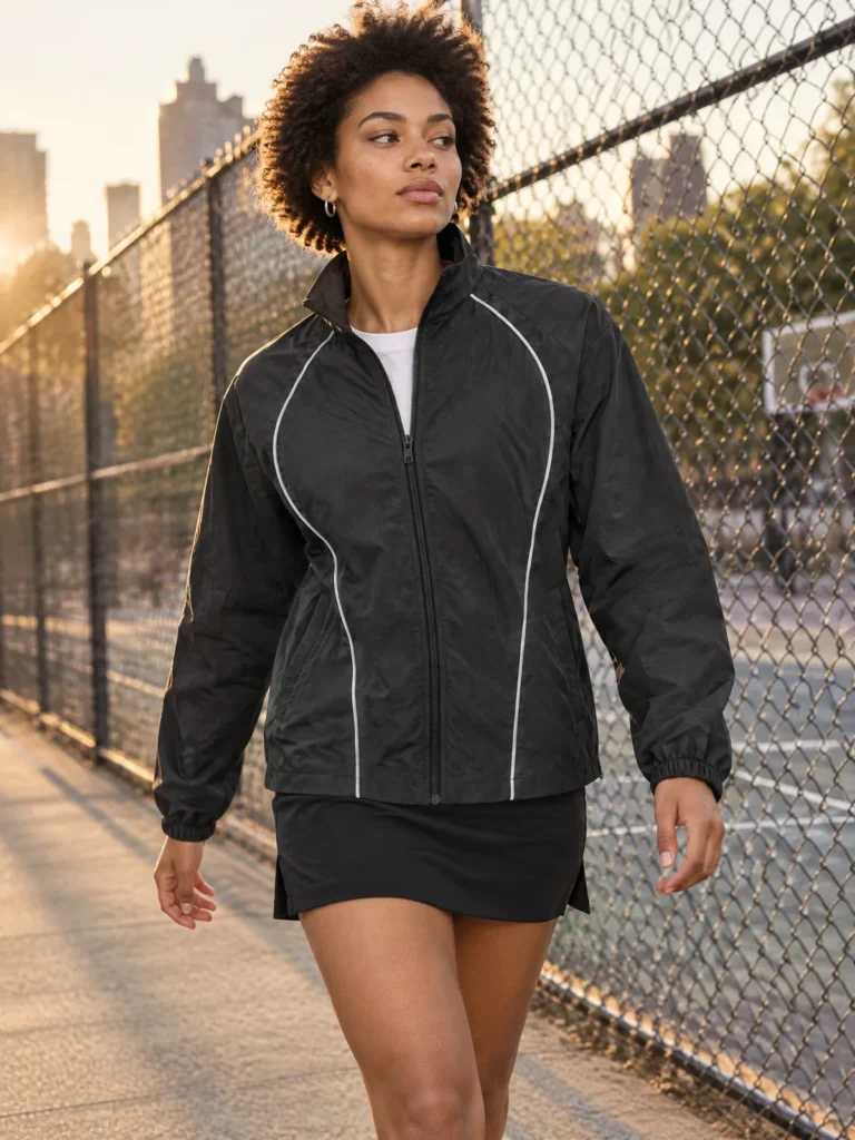 Woman wearing Night Lane Jacket in Asphalt with grey piping on city street