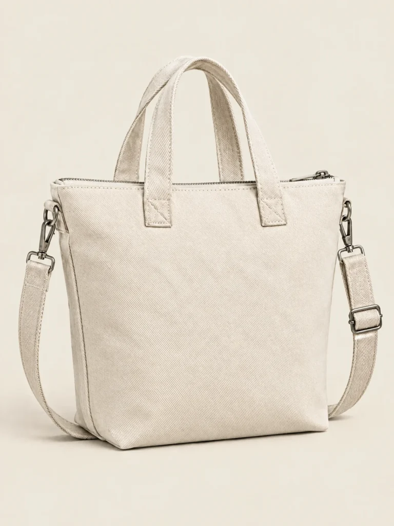 Side view of Number 52 Zip Tote with zip closure and handles
