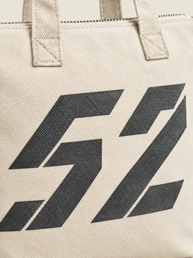 Close-up of diagonal-stroke 52 graphic and zip detail on Chalk canvas