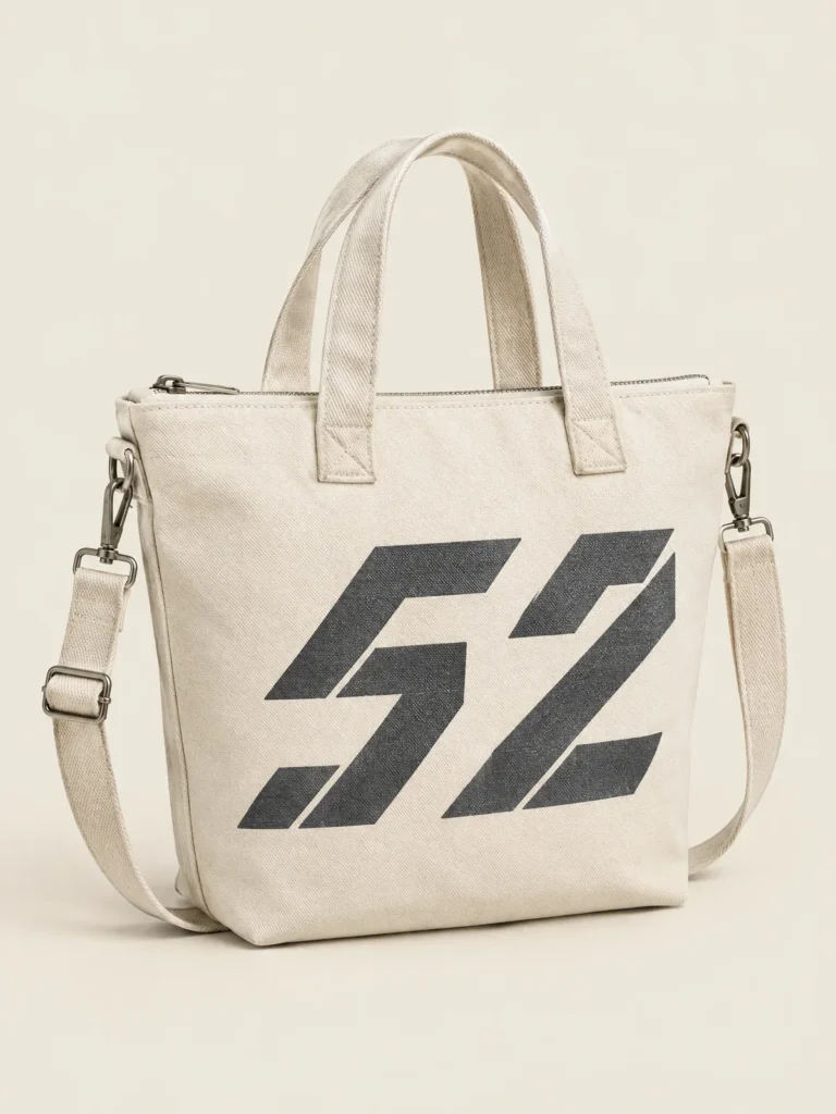 Front view of Number 52 Zip Tote showing abstract 52 graphic in Asphalt