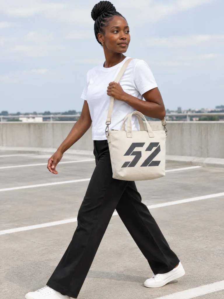 Woman carrying the Number 52 Zip Tote in Chalk and Asphalt on a city street