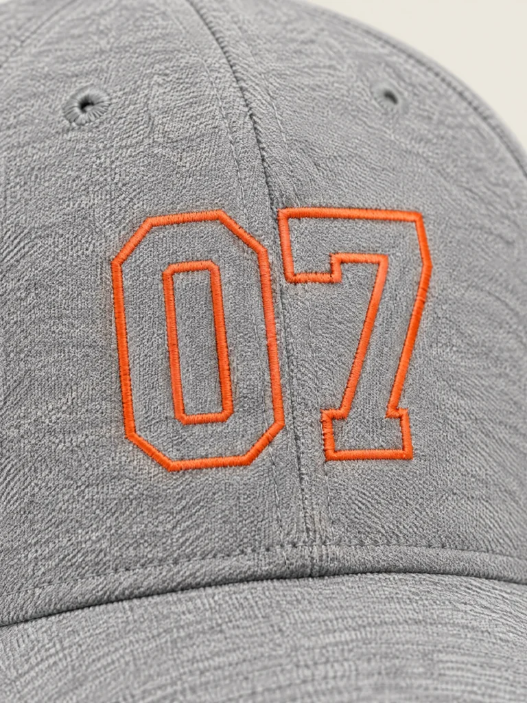 Close-up of outline 07 embroidery in Signal orange stitching on Marl