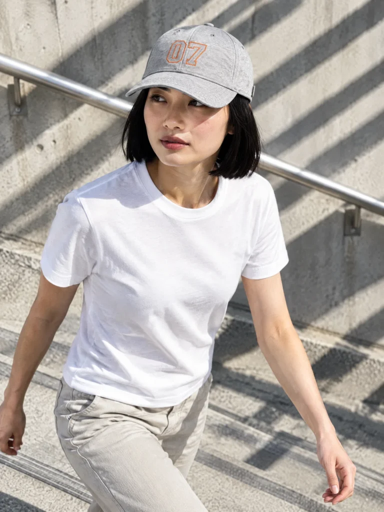 Woman wearing Number Outline Cap in Marl with Signal orange outline 07 embroidery