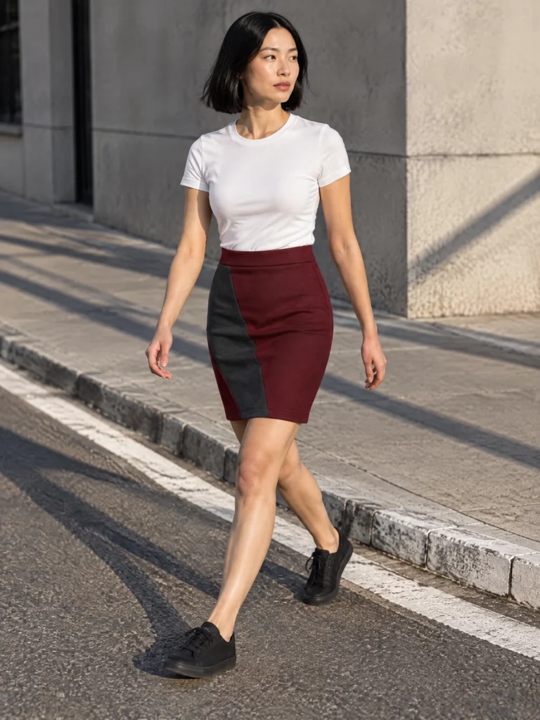 Woman wearing Offset Panel Pencil Mini in Oxblood and Asphalt on city street