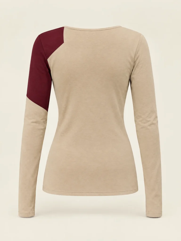 Back view showing asymmetric Oxblood shoulder panel and scoop neck