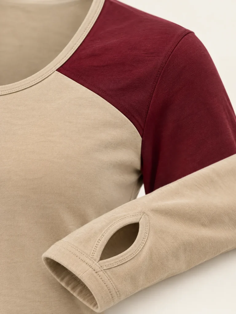Close-up of diagonal seam between Sand and Oxblood panels