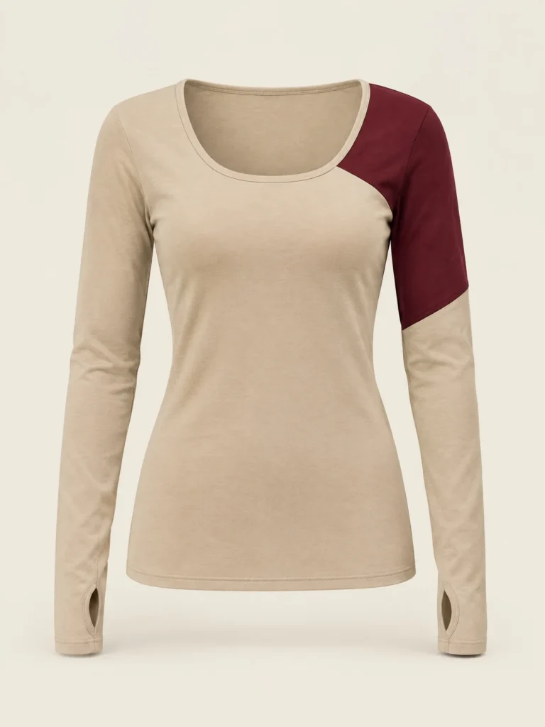 Front view of Sand jersey top with Oxblood right shoulder panel