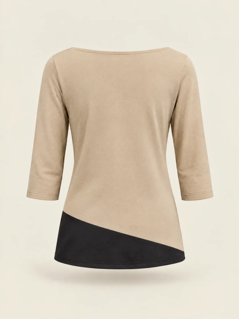 Back view of Sand boat neck top showing diagonal Asphalt panel