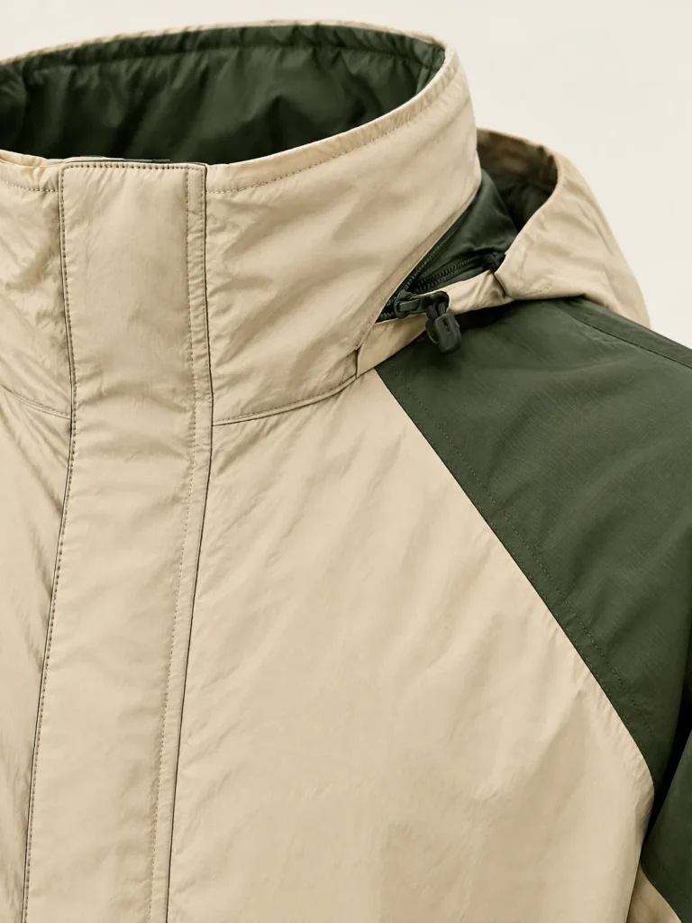 Close-up of concealed hood inside stand collar of Overpass Shell jacket