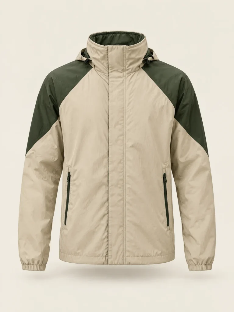 Front view of Sand Overpass Shell with Moss shoulder panels and zip front