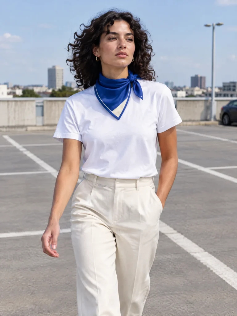 Woman wearing Lane Blue Panel Bandana with diagonal chalk print tied at neck