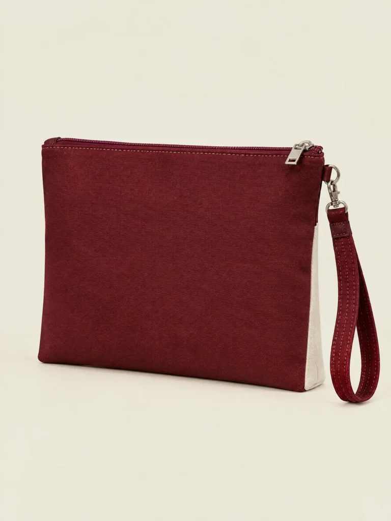 Side view of Panel Pouch showing flat profile and top zip