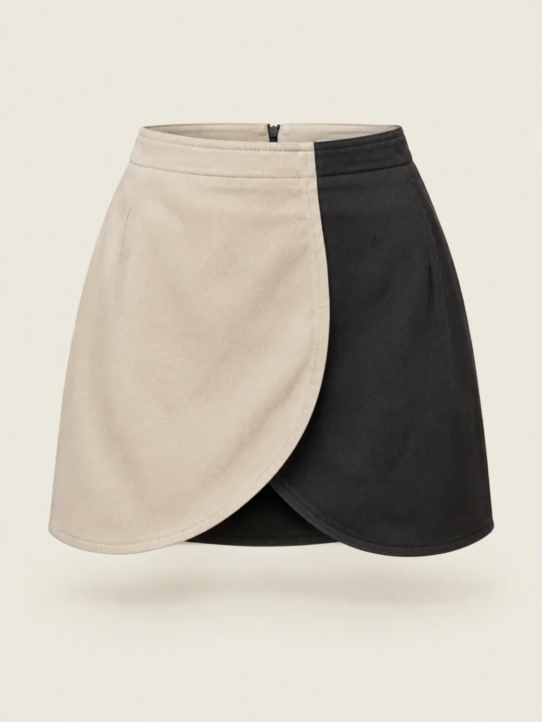 Front view of Panelled Tulip Mini skirt with Sand and Asphalt panels