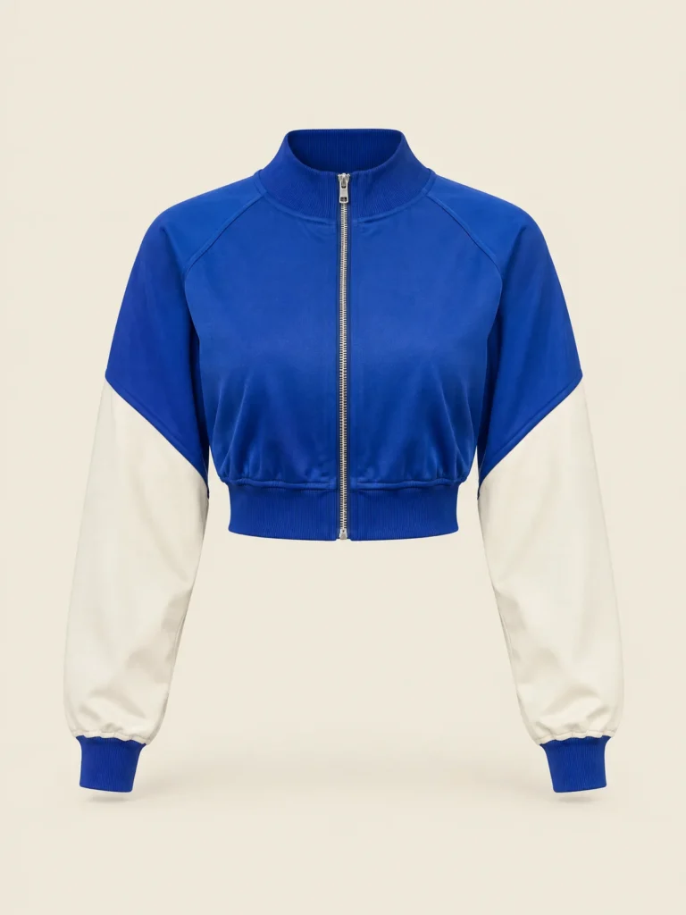 Front view of Lane Blue Relay Crop Track Jacket with Chalk sleeves