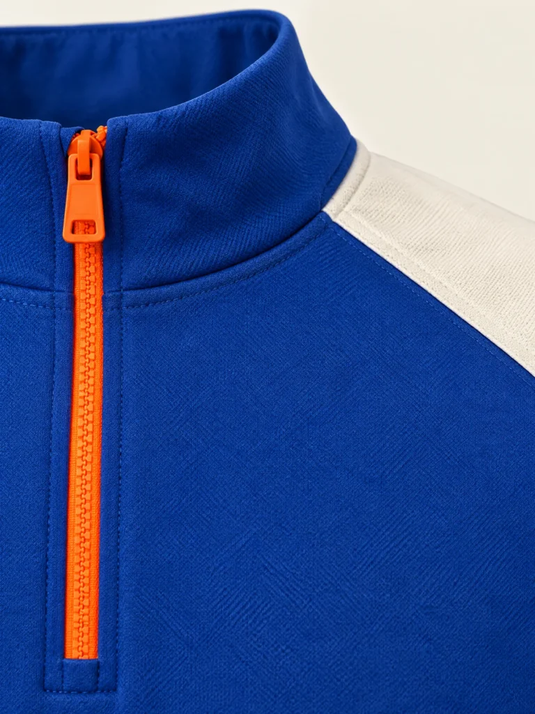 Close-up of Signal orange zip tape with rectangular pull on mock neck