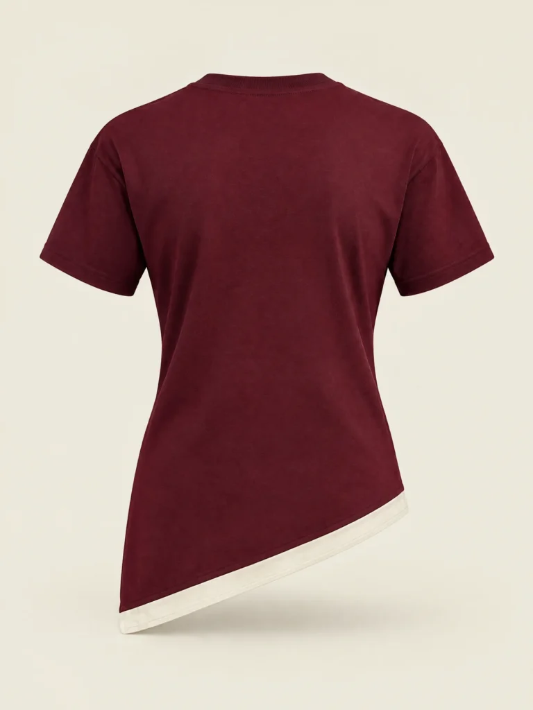 Side view showing asymmetric diagonal hem of Sidestep Asymmetric Hem Tee
