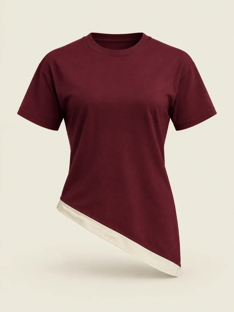 Front view of Sidestep Asymmetric Hem Tee in Oxblood with Chalk panel