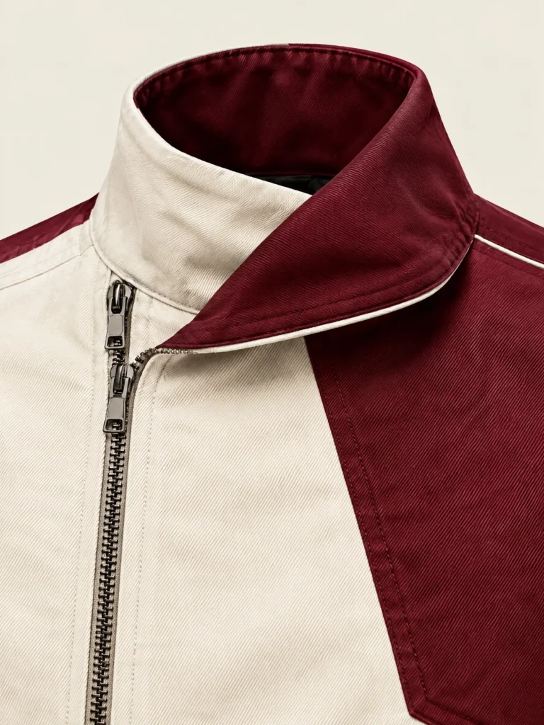 Close-up of off-centre zip and Oxblood chest panel detail