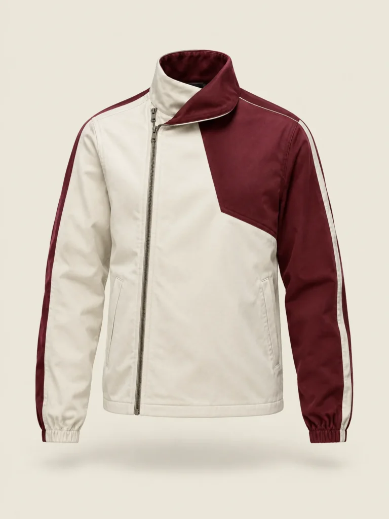 Front view of Chalk jacket with off-centre zip and Oxblood panel