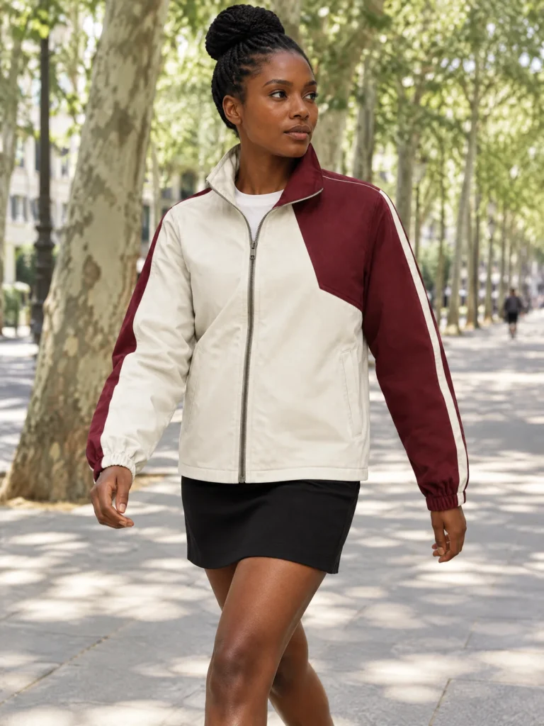 Woman wearing Chalk and Oxblood asymmetric zip jacket on city street