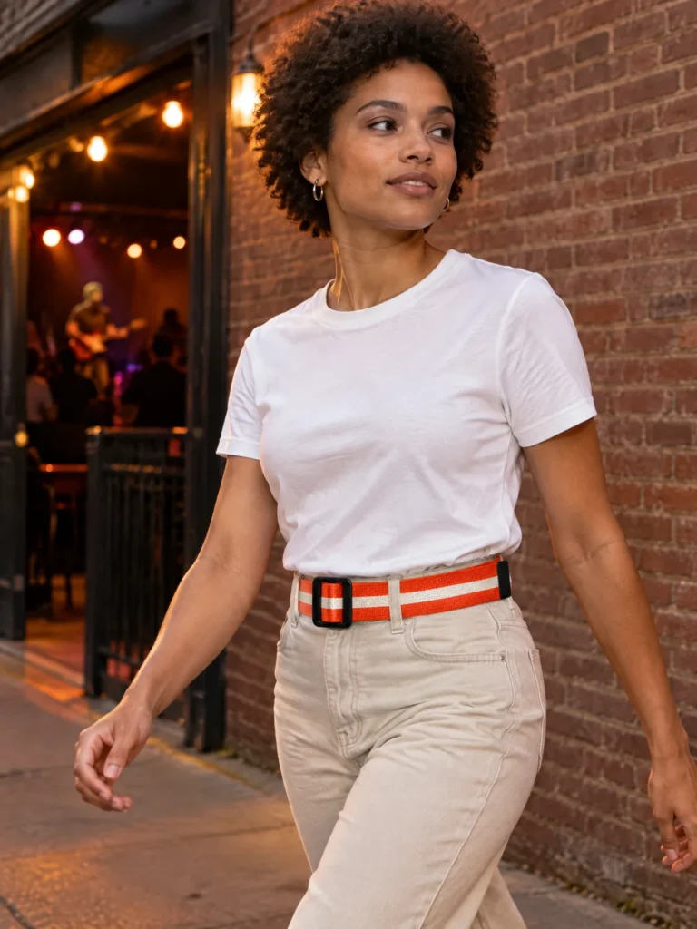 Woman wearing Signal Webbing Belt in Signal and Chalk on street corner