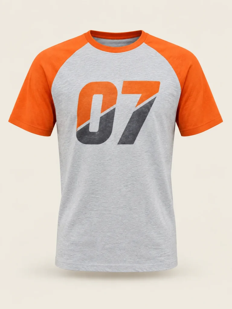 Front view of Split 07 Raglan Tee showing split 07 chest graphic