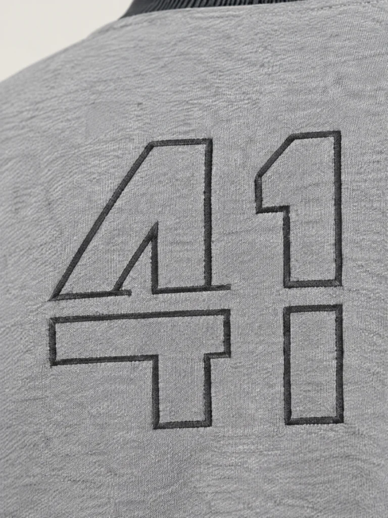 Close-up of sliced outline 41 back graphic on Split 41 Jacket