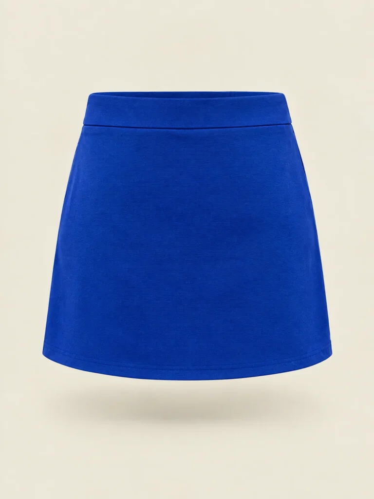 Split Hem Mini back view, Lane Blue, flat waistband, concealed zip