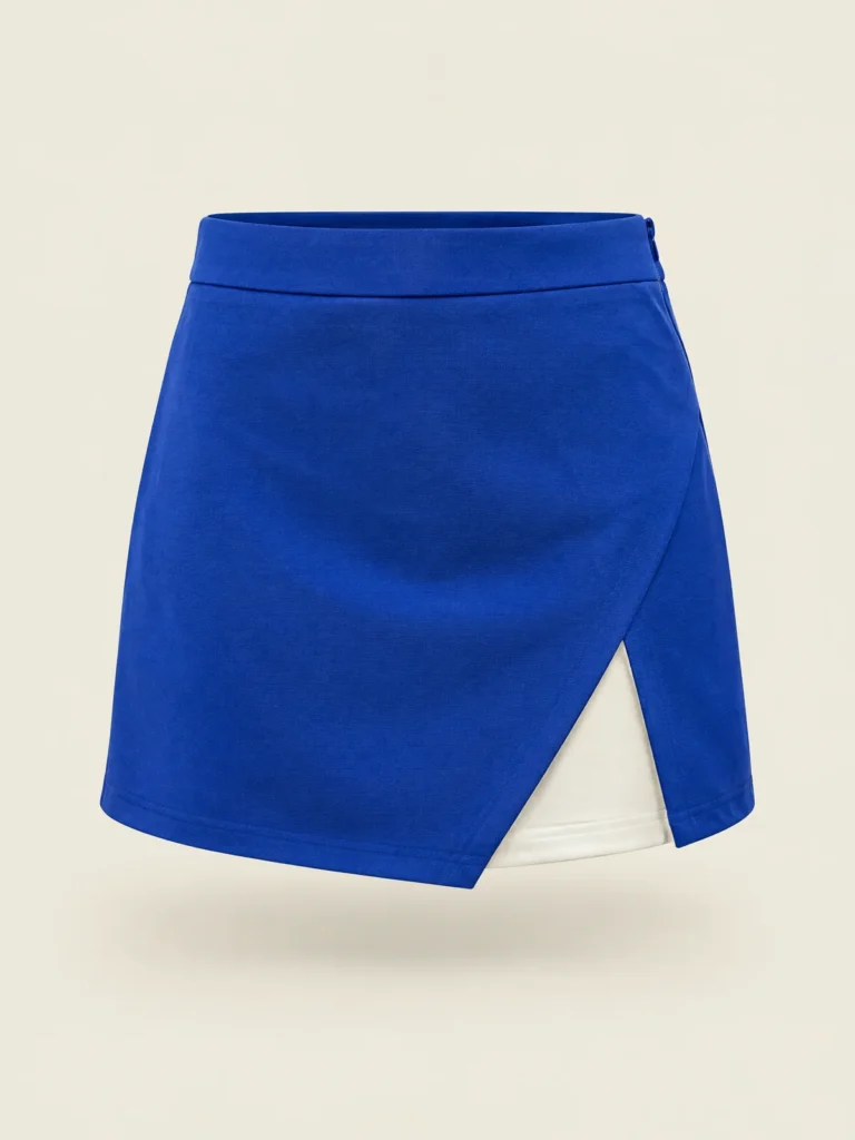 Split Hem Mini front view, Lane Blue with diagonal split, Chalk underlayer
