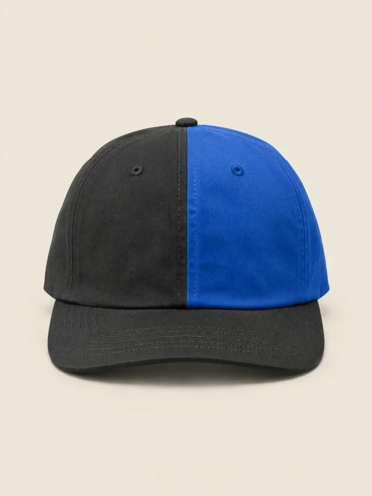 Split Panel Cap front view, two-tone crown split Asphalt and Lane Blue