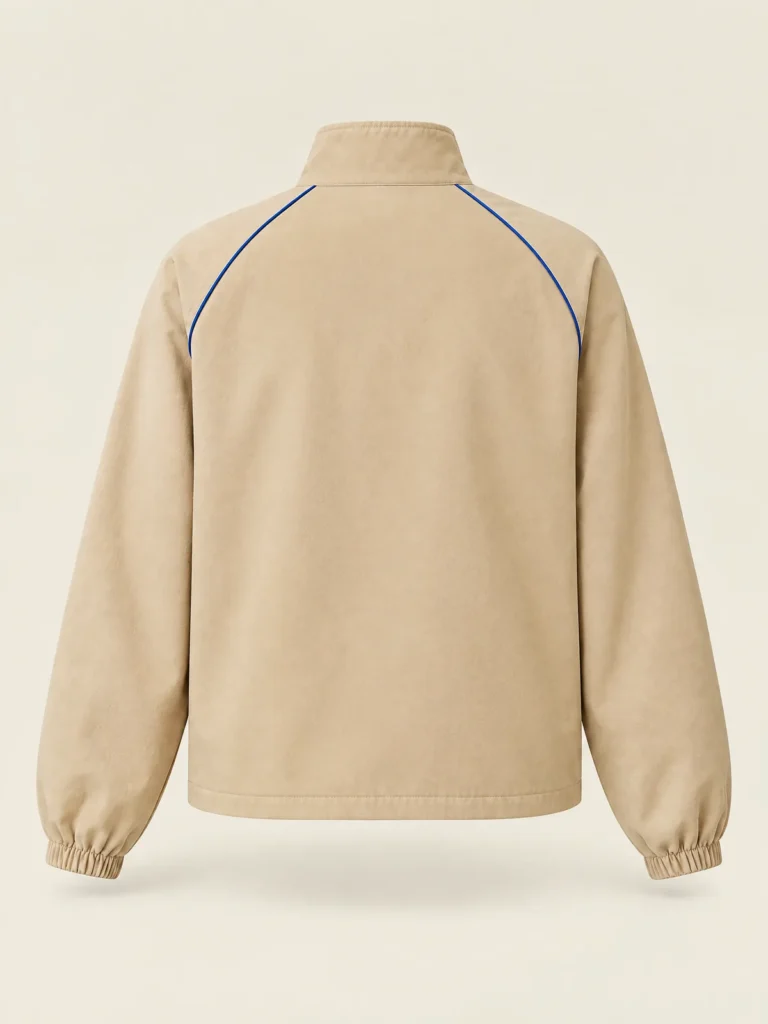 Back view showing raglan seams and Lane Blue piping on Sand jacket