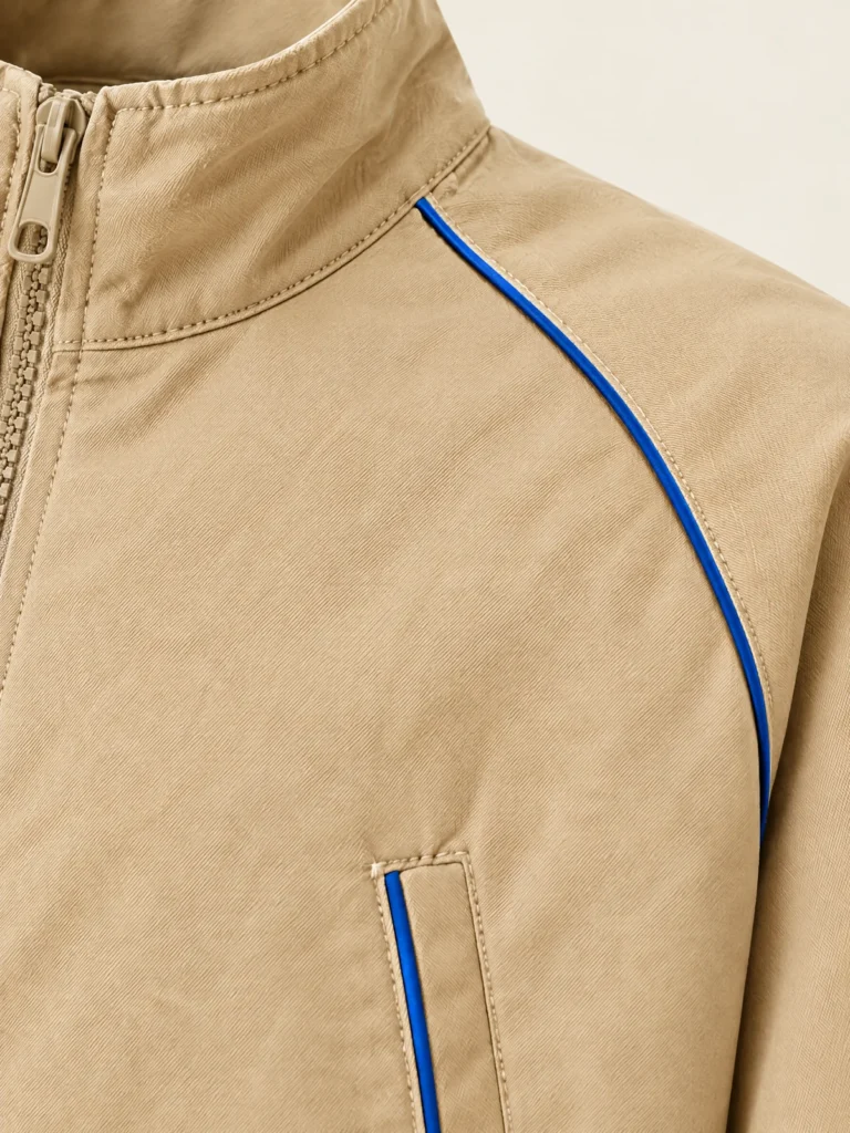 Close-up of Lane Blue piping along raglan seam and pocket edge