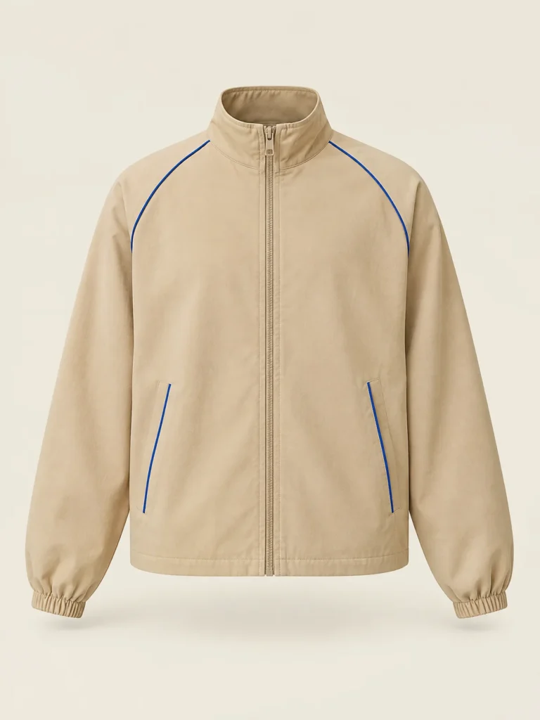 Front view of Sand Tempo Boxy Jacket with Lane Blue piping detail