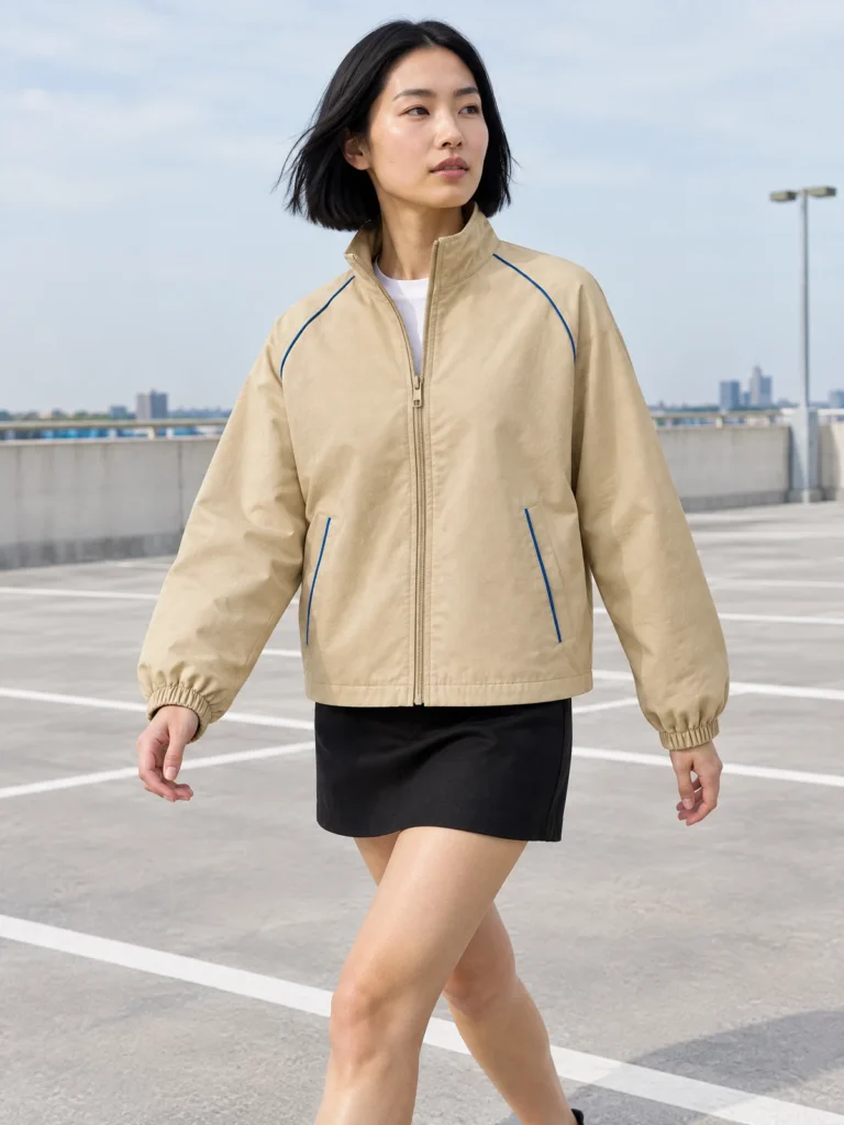 Woman wearing Sand Tempo Boxy Jacket with Lane Blue piping in urban street setting
