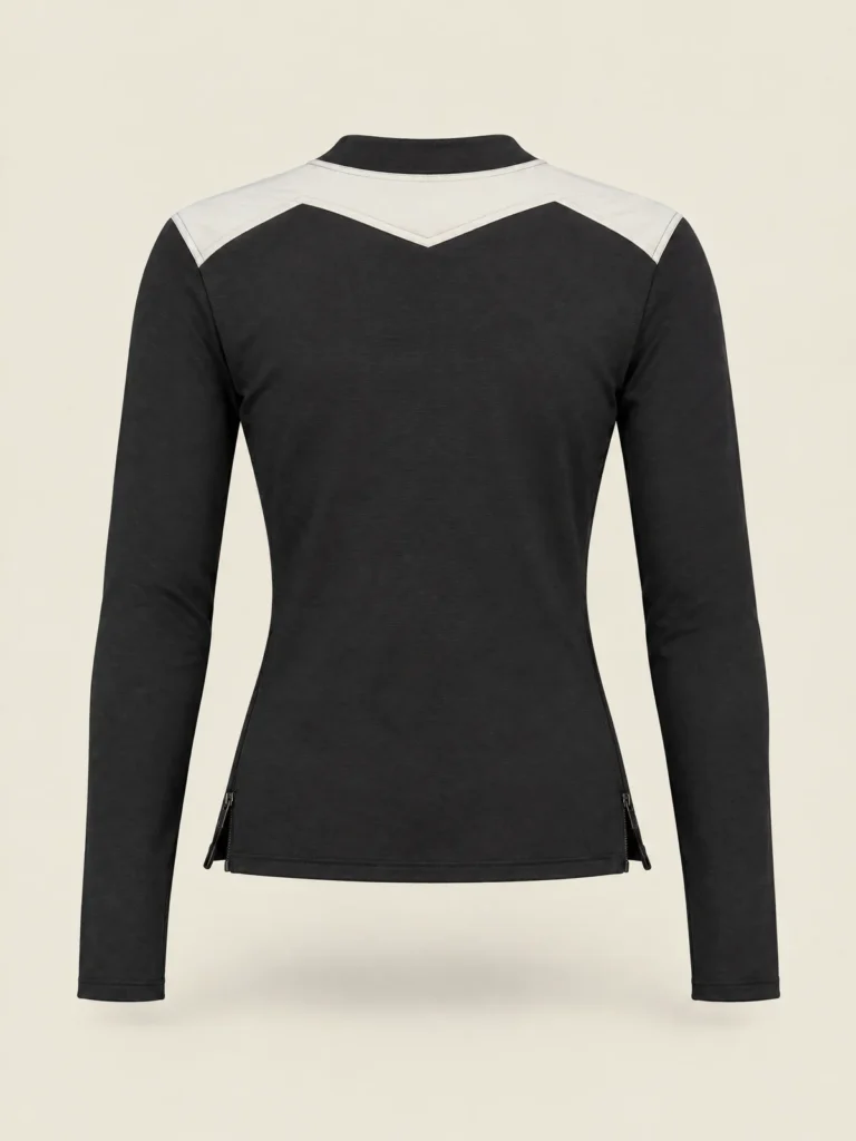 Back view of Tempo Two-Way Zip Top showing shoulder panel detail