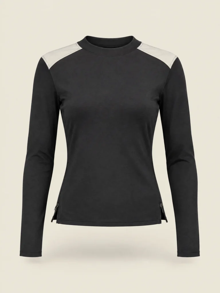 Front view of Tempo Two-Way Zip Top in Asphalt with Chalk shoulder panel