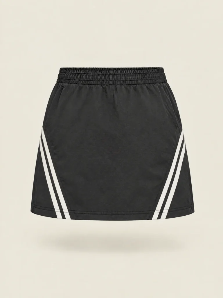 Track Stripe Mini skirt side view showing angled stripe and zip pocket