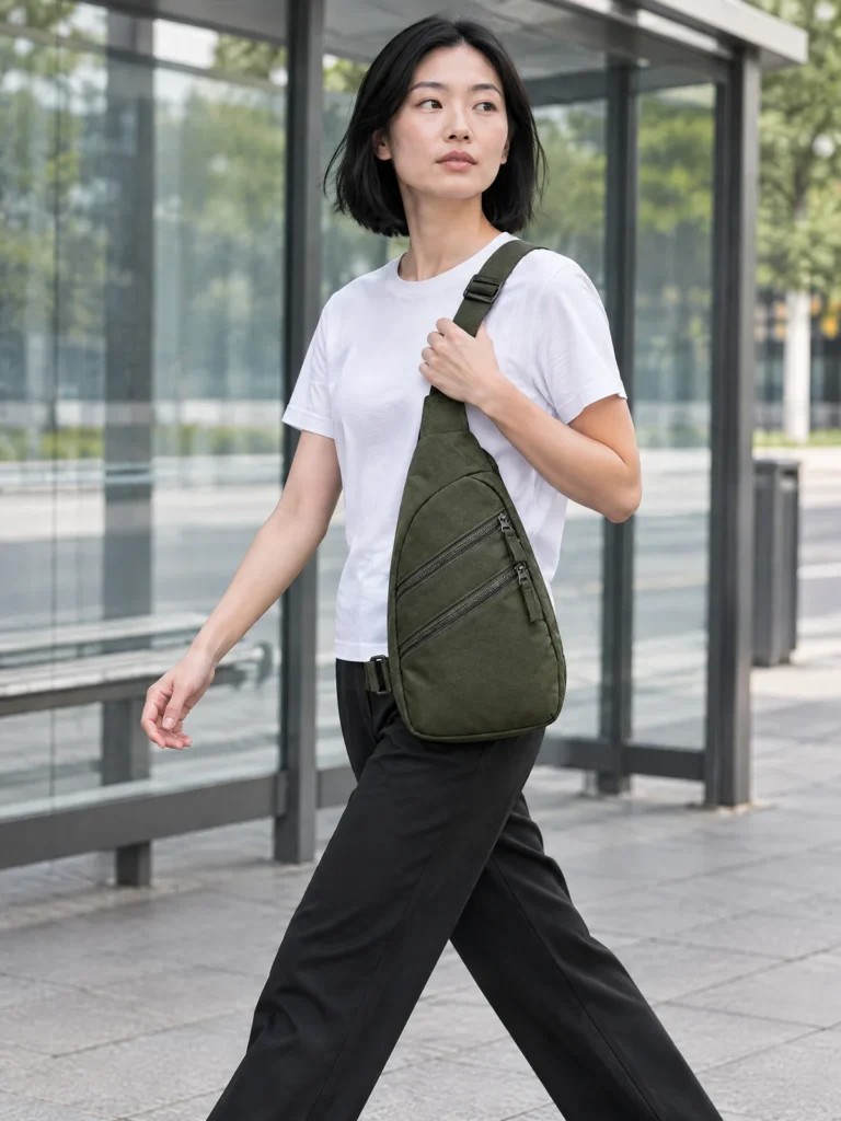 Woman wearing Moss green Twin Zip Sling crossbody on a city street