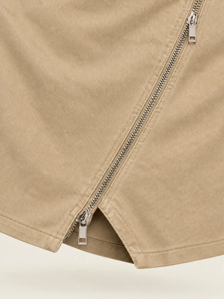 Close-up of the two-way metal zip on the diagonal wrap edge
